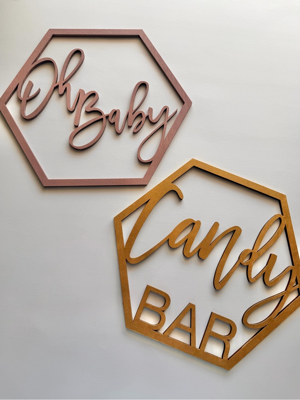 Oh Baby & Candy Bar Hexagon Wall Signs - Blush Pink and Gold Party Decor